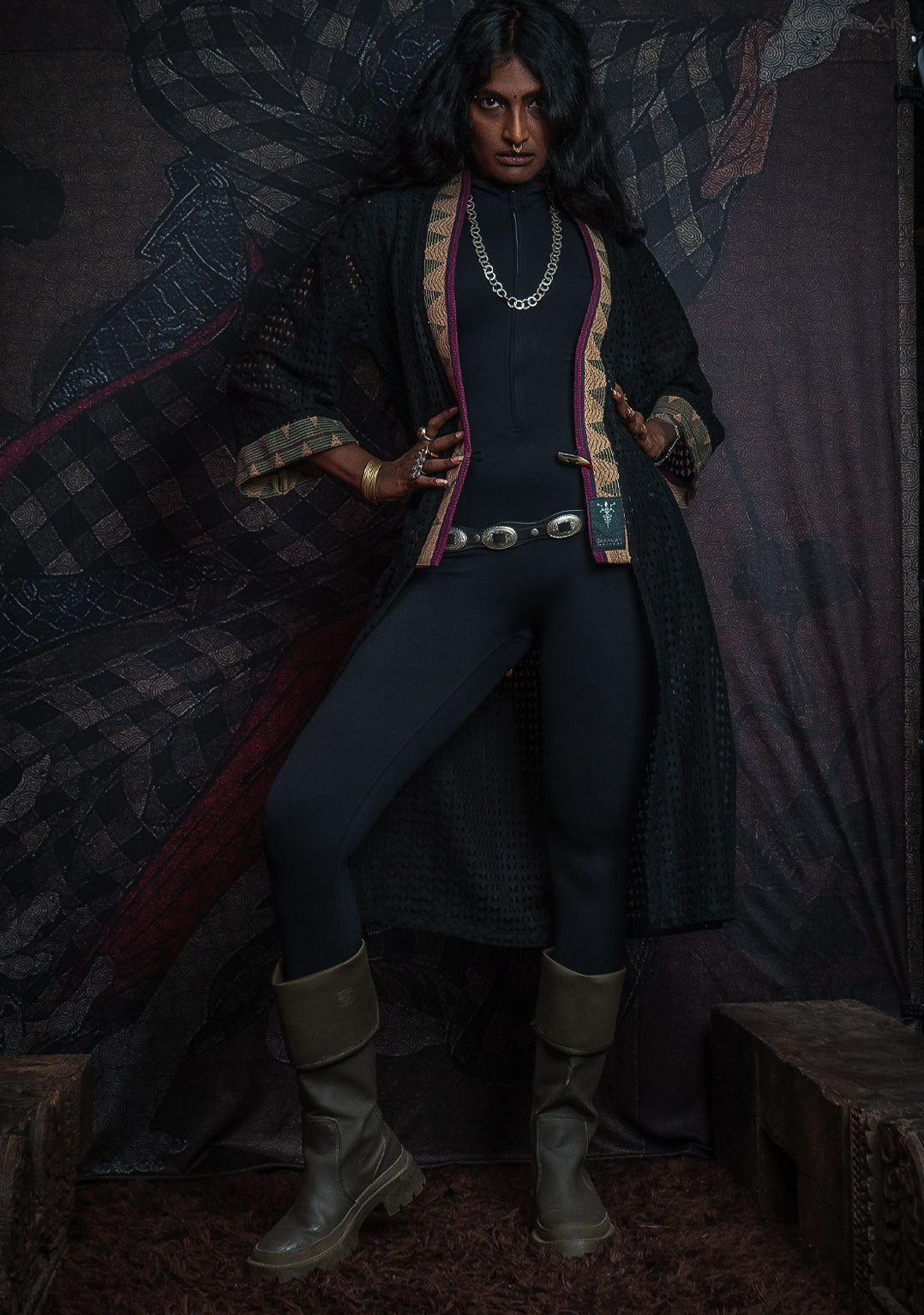 Open Kimono / Net Jaquard Border - Black NAGALAND